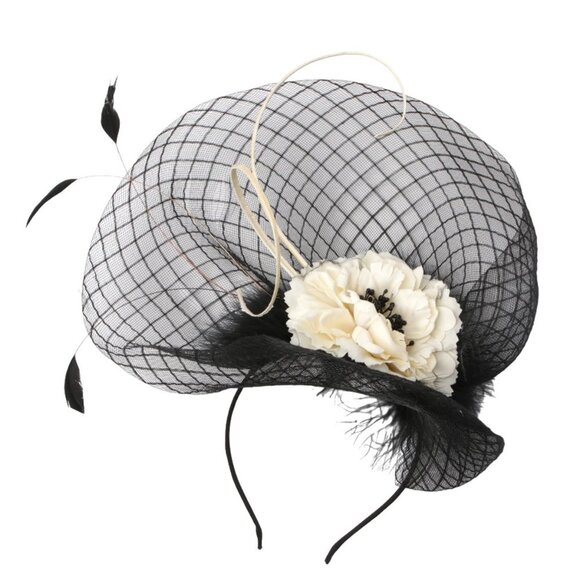 Sinamay Mesh Fascinator Feathers Flowers Hat Headband Wedding Party  Black Cream - Picture 4 of 10